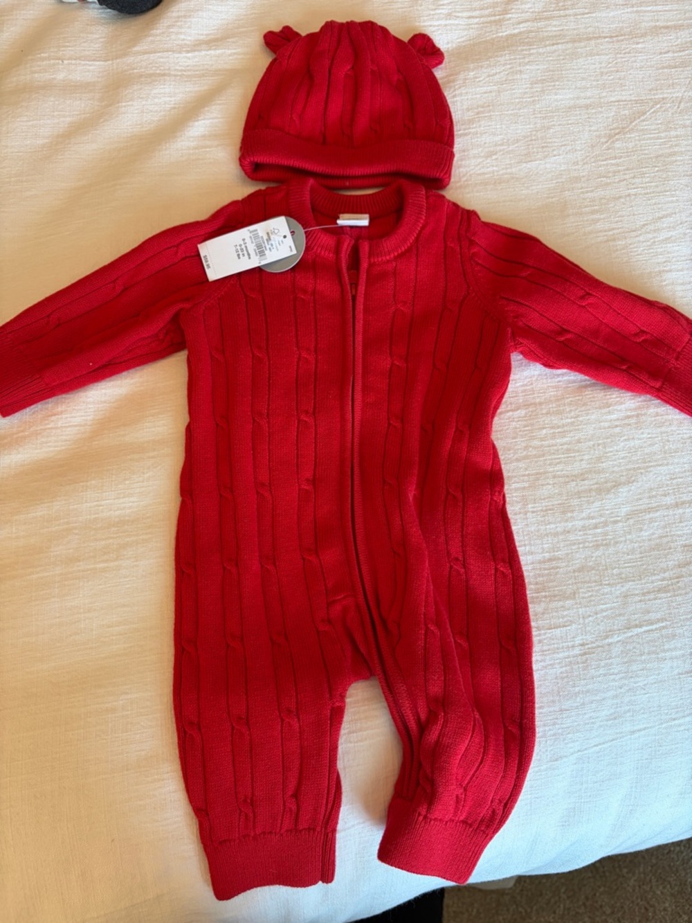 GAP Red Cable-Knit Zip Footie with Matching Bear-Ear Hat